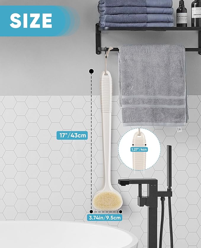 Back Scrubber for Shower with 17" Long Handle, Non-Slip Grip Shower Brush, Moderate Bristles Body Brush for Gentle Exfoliation, Back Brush for Shower Men & Women β Cream White