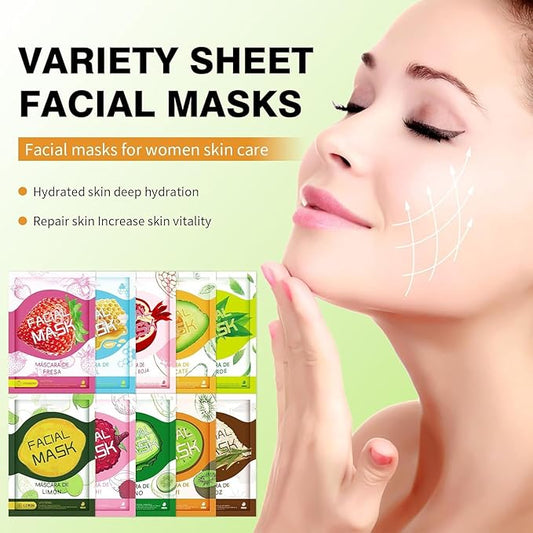 20 Sheets Face Masks Skincare for All Skin Types, Hydrating Face Masks Suitable for Sensitive Skin, Moisturizing Sheet Masks with Natural Ingredients, Bulk Facial Mask for Women