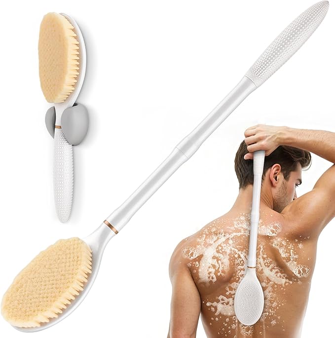New Back Scrubber Anti-Slip for Shower, 18.9‘’ Corn-Handle Shower Back Scrubber with Dual-Side Head & Soft Bristles, Adjustable Shower Brush Bath Brush for Lathering Cleansing(White-L)