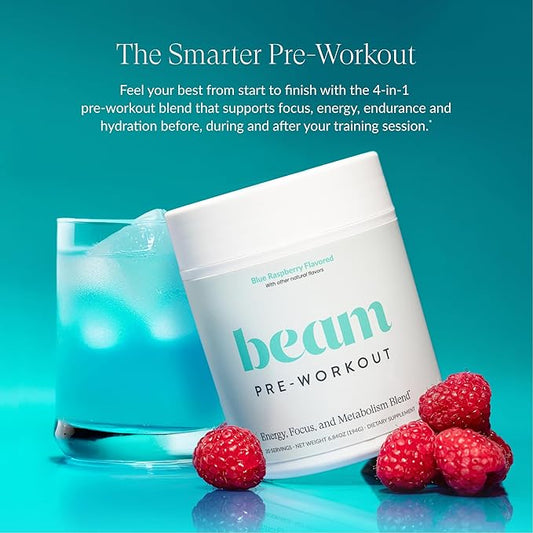 Beam Pre Workout Powder for Energy, Focus & Endurance β Natural Caffeine from PurCaf, Cognizin, Electrolytes, L-Citrulline, Beta-Alanine, L-Theanine β No Crash, Jitter-Free, 20 Servings