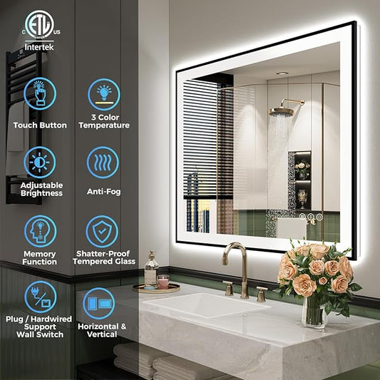 28x36 Inch LED Bathroom Mirror with Lights (Front Lit and Backlit) Black Framed Lighted Vanity Mirror for Bathroom Wall Dimmable Anti-Fog Memory Tempered Glass Horizontal/Vertical