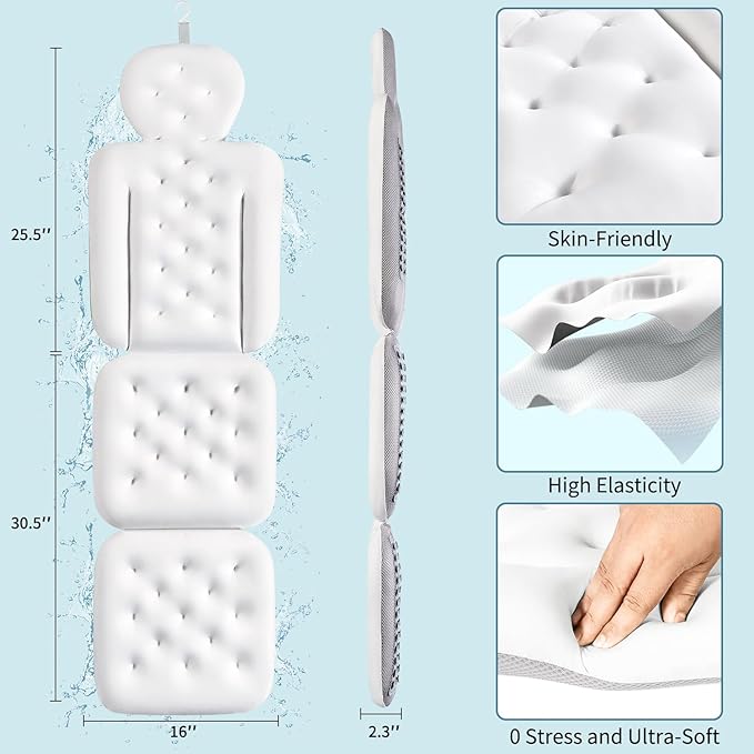 Full Body Bath Pillow for Bathtub, Thick Bathtub Cushion with Laundry Bag, Luxury Tub Pillow for Bath for Headrest Neck and Back Support White 56" x 16"