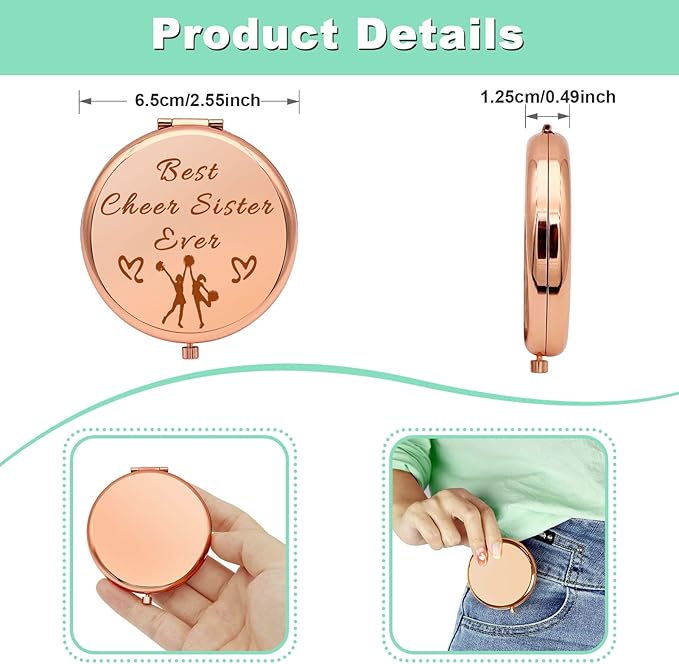 Cheer Gifts for Girls Sister Friendship Gift Rose Gold Compact Mirror for Cheer Team Cheerleader Cheerleading Gifts for Cheer Friend Folding Makeup Mirror for Cheer Sister Birthday Retirement Gifts