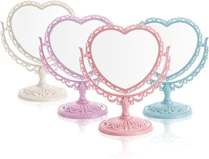 DEAYOU 4 Pack Heart Shaped Cosmetic Mirror, Vintage Vanity Tabletop Mirror with Double Sided, Rotatable Dresser Mirrors with Stand for Makeup, Girl, Women, Beauty, Spa Party, 4 Color