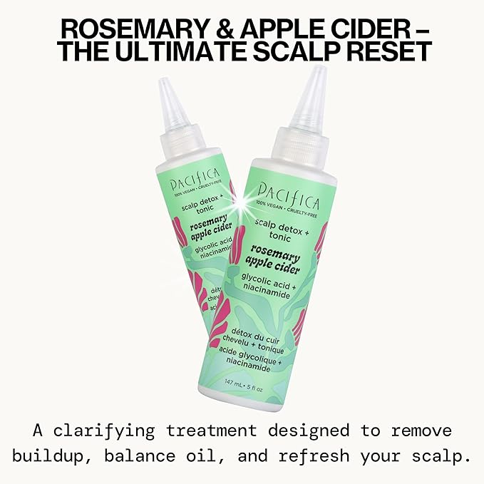 Pacifica Scalp Detox Set β Rosemary Apple Cider Vinegar Scalp Exfoliating Tonic with Scalp Massager Brush, Deep Cleansing & Clarifying Treatment for Buildup, Dry Flaky Scalp, Vegan