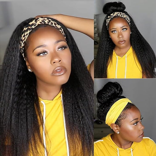 Kinky Straight Headband Wig Human Hair 180% Density 12A Headband Wigs for Black Women Glueless Yaki Headband Half Wig Human Hair Machine Made No Lace Front Headband Wig Natural Black Color 14 Inch