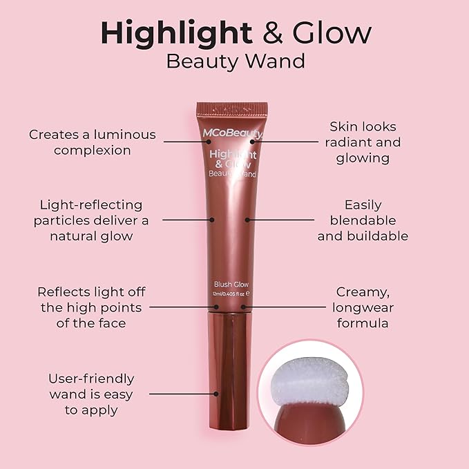 MCoBeauty Highlight & Glow Beauty Wand, Blush Glow, Luminous Highlight for Radiance Skin, Vegan, Cruelty Free Cosmetics