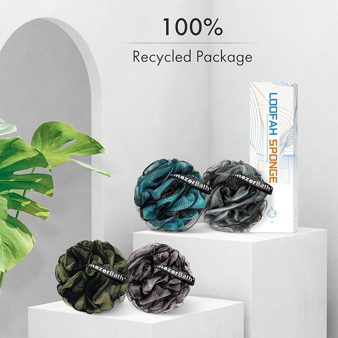 AmazerBath Charcoal Loofah Sponge, Large Shower Loofah 75g/PCS - Body Scrubber Loofa Set of 4 - Charcoal Blue, Gray, Pink & Army Green, Bath Sponge for Men and Women