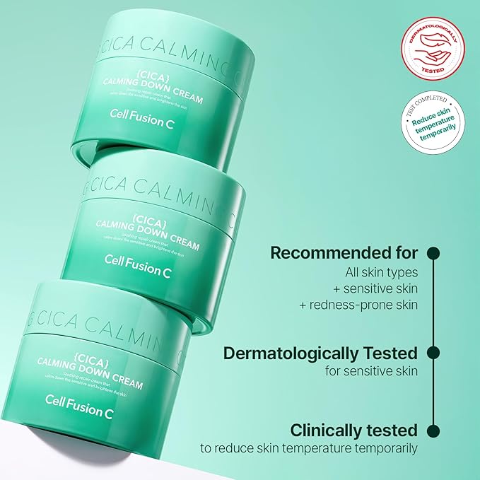 Cell Fusion C Cica Calming Down Cream, Redness Relieving Moisturizer for Sensitive Skin, Green Color Correcting, Centella Asiatica, 50ml / 1.69 fl.oz