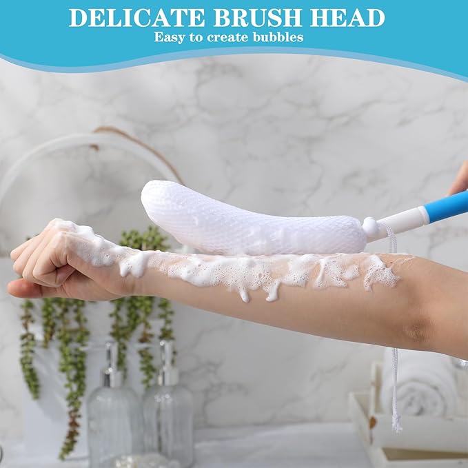 Sunnyray 2 Pack 15.35 Inch Long Anti-Slip Curve Handled Bath Body Brush, Body Back Bath Brush with Sponge Soft Blue Rubbing Back Shower Brush for Elderly Aid Bathing and Shower
