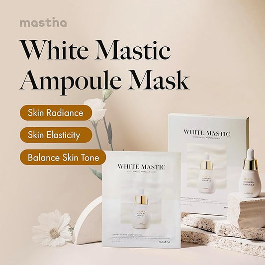 MASTINA White Mastic Ampoule Sheet Mask Pack of 12- Illuminating. Ultra-Moisturizing Facial Mask. Intensive Korean Skin Care. Fermented Mastic Gum