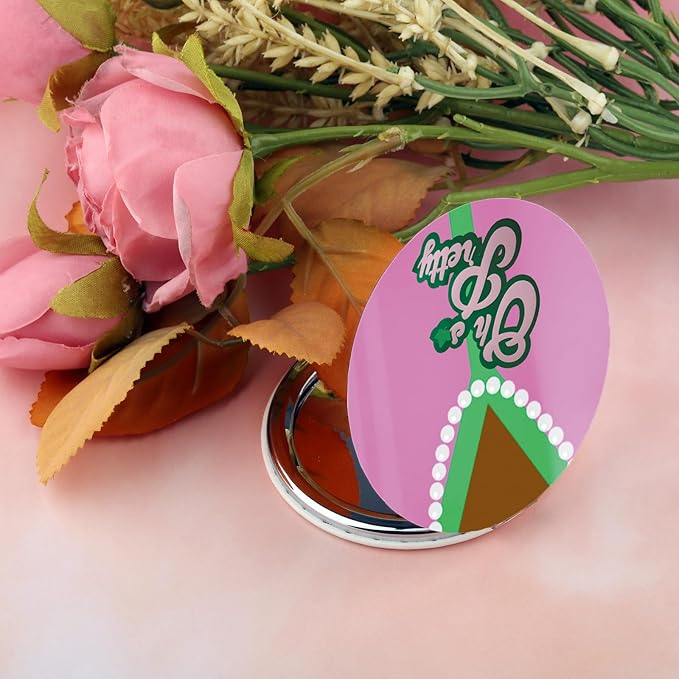 BEKECH OH Pretty Gift Pink and Green Pearl Compact Mirror Sorority Gift Greek Sorority Makeup Mirror