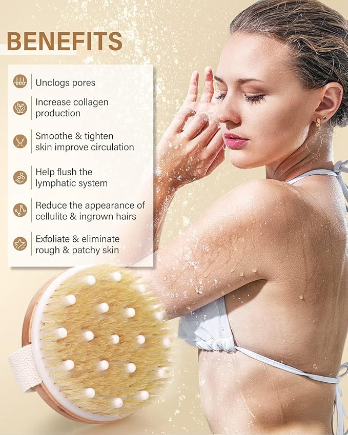 Dry Brushing Body Brush, POPCHOSE Exfoliating Body Brush for Beautiful Skin, Body Scrubber for Cellulite and Lymphatic Drainage, Blood Circulation Improvement with Natural Bristles Massage Nodules