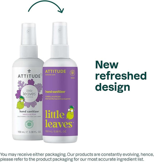 ATTITUDE Hand Sanitizer Spray for Kids & Adults, EWG Verified, Travel Size, Dermatologically Tested, Plant and Mineral Based, Vegan, Vanilla and Pear, 3.5 Fl Oz (Spray Bottle)