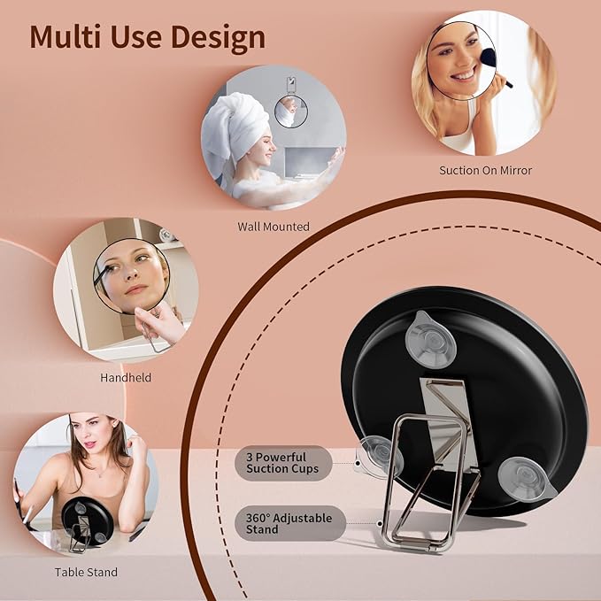 Travel Magnifying Mirror 10x Large 6β Diameter Makeup Mirror with Magnification 10x, Portable Handheld Close Up Magnified Mirror with Stand & Suction Cups, Perfect for Makeup, Shaving, Deep Cleaning
