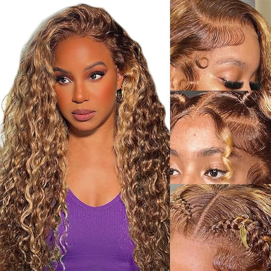 28inch Highlight Curly Lace Front Wigs Human Hair Balayage Brown Highlight 13X4 Deep Wave Wigs Human Hair Ombre Curly Wig #4/27 Colored Wigs for Women 180% Density