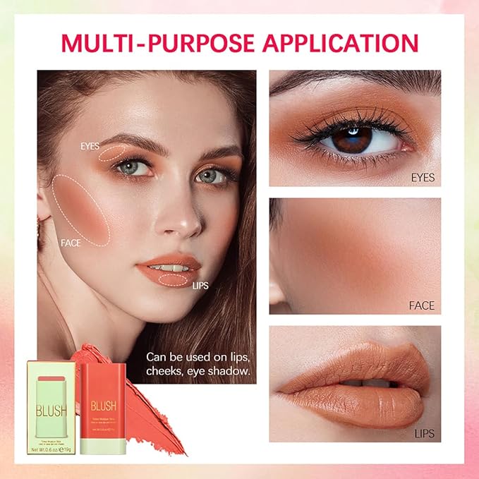 Multi-Use Makeup Blush Stick, Cream Blush Stick, Tinted Solid Moisturizer Stick for Cheek & Eyes & Lips, Waterproof Natural Nude Makeup, Suitable for All Skin (3#Coral Orange)