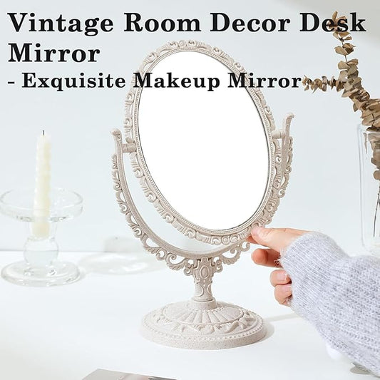 AKOAK 1 Pack Desktop Makeup Mirror, Oval Desk Makeup Mirror, Double-Sided 360-degree Rotating Makeup Mirror Bathroom Bedroom Makeup Mirror, Travel Mirror Suitable for Women (Beige)