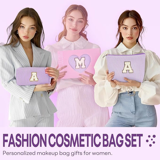 2 PCS Initial Makeup Bags for Women: Cosmetic Bag for Travel Toiletry - Birthday Gifts for 11 12 13 14 15 16 17 18 Years Old Girl Graduation Teacher Gift- Teen Girl Gifts Trendy Stuff - Purple G