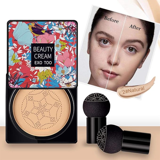 NUIBO 2 Pack Mushroom Head Air Cushion CC Cream Foundation, Moisturizing BB Cream, Long Lasting Matte Concealer with 2PCS Mushroom Head Sponges (Natural)β¦