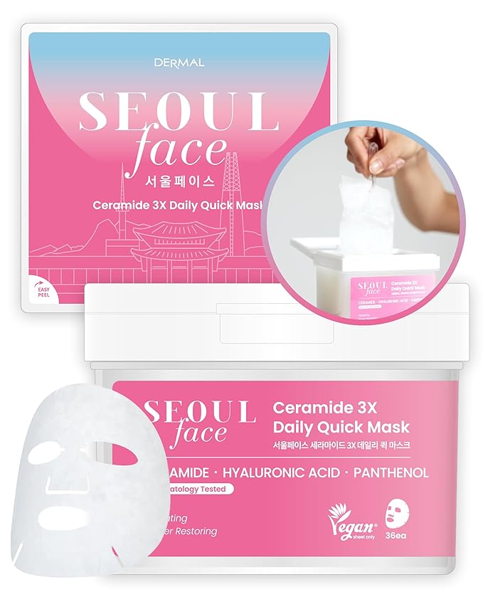 DERMAL Seoul Face Ceramide 3X Daily Quick Mask 36 Sheet β Korean Skincare Vegan Tencel Facial Masks - Intensive Moisturizing, Elasticity Mask Sheets with Hyaluronic Acid, Panthenol, Adenosine