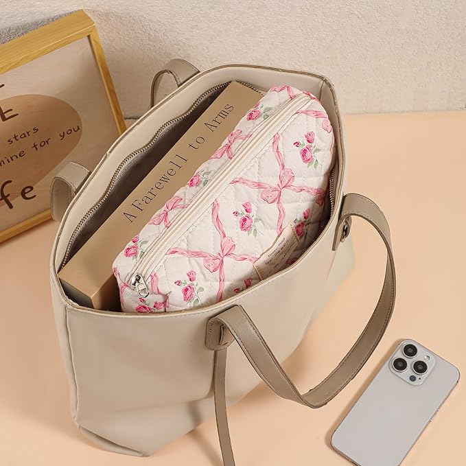 uekeboag Large Travel Quilted Makeup Bag for Women, Floral Cotton Cosmetic Bag, Coquette Aesthetic Floral Toiletry Organizer Bag
