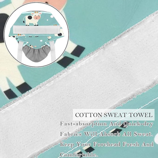 2 PCS Bouffant Cap with Button Ponytail Pouch Working Cap Sweatband Adjustable Surgical Cap Black and White Cow