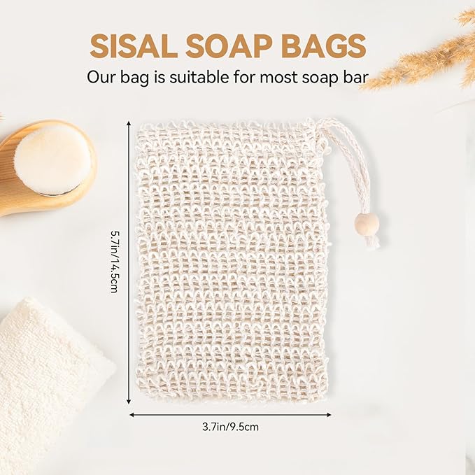 6 Packs Natural Sisal Bag - Exfoliating Foaming Pouch - Scrubber for Bath - Multiple Holders - Saver Bag Extend The Life of Your Soap Bar