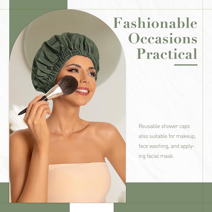 Reusable Shower Cap for Women, Large Waterproof Shower Bonnet Washable Elastic Band Bath Hair Hat for Long Hair, Braids(Green)