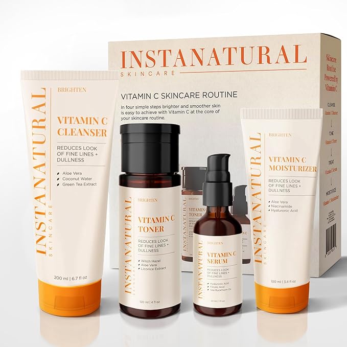 InstaNatural Vitamin C Four Step Skin Care Set with Face Wash, Toner, Serum & Moisturizer | All Natural Brightening & Hydrating Routine with Botanical Extracts β 1.68 Fl Oz (Pack of 4)