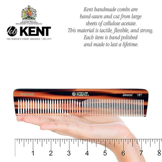 Kent 16T-16TG Fine Tooth and Wide Tooth Comb for Daily Grooming, Handmade Styling Comb for All Hair Types, Styling and Detangling Combs for Men and Women