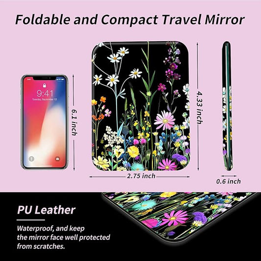 Beautiful Wildflowers Small Folding Travel Mirror Vanity Mirror 4.3"x2.75" PU Leather Portable Adjustable Rectangular Ultrathin Makeup Mirror,for Travel, Camping,Home
