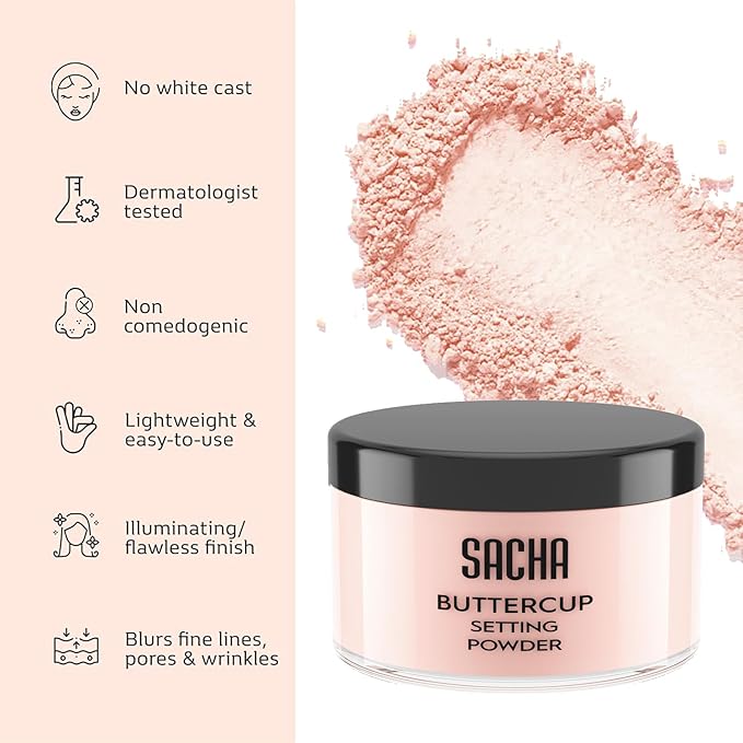 Sacha BUTTERCUP RosΓ© Setting Powder. No Ashy Flashback. Blurs Fine Lines and Pores. Loose, Translucent Face Powder to Set Makeup Foundation or Concealer. For All Skin Tones, 1.75 oz.