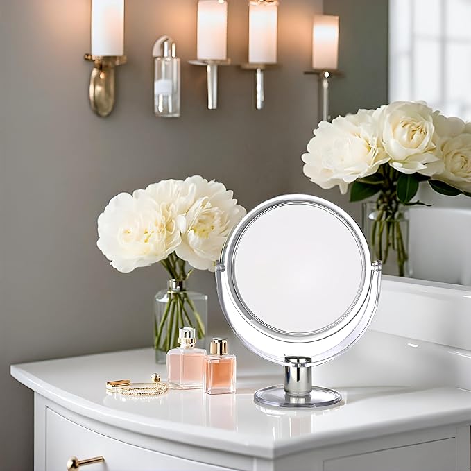 BNYD Vanity Makeup Mirror with Stand – Double Sided 1X/2X Magnification, 360° Swivel Desk Mirror, Portable Tabletop Magnifying Mirror for Bathroom, Bedroom, or Travel