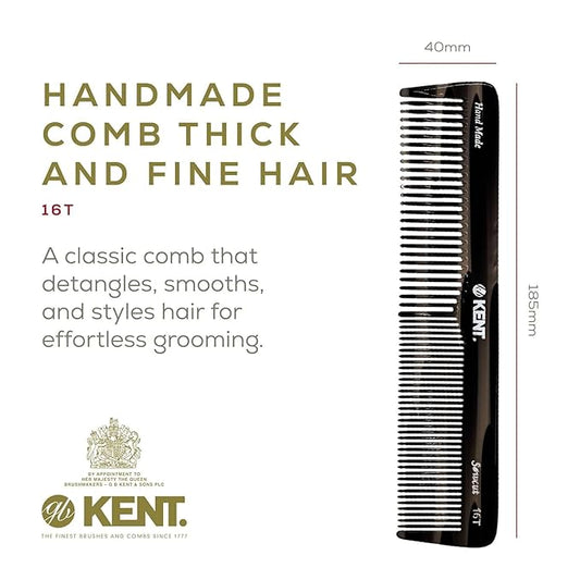 Kent 16T Graphite Fine Tooth and Wide Tooth Comb for Daily Grooming, Handmade Styling Comb for All Hair Types, Styling and Detangling Combs for Men and Women