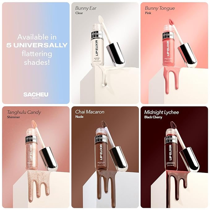 Sacheu Lip Elixir Nourishing and Hydrating Lipgloss — Moisturizing Plumping Lip Gloss Enriched with Collagen, Non-Sticky Lip Color Smooth High-Shine Finish, Vegan & Cruelty-Free, Bunny Tongue (Pink)