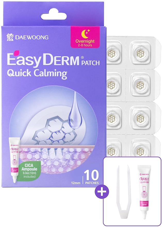 EasyDerm Magnesium Pimple Patches β Hydrocolloid Acne Spot Treatment with Ampoule & Tweezer, 10 Calming Zit Stickers by Daewoong, μ΄μ§λ€, λμ
μ μ½