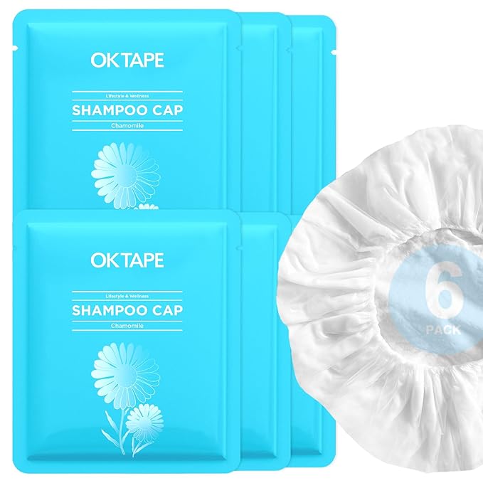 OK TAPE No Rinse Shampoo Cap (6 Packs), Microwaveable Rinse Free Caps for Bedridden Patients or Elderly, Waterless Shampoo and Condition Hair, Chamomile Fragrance