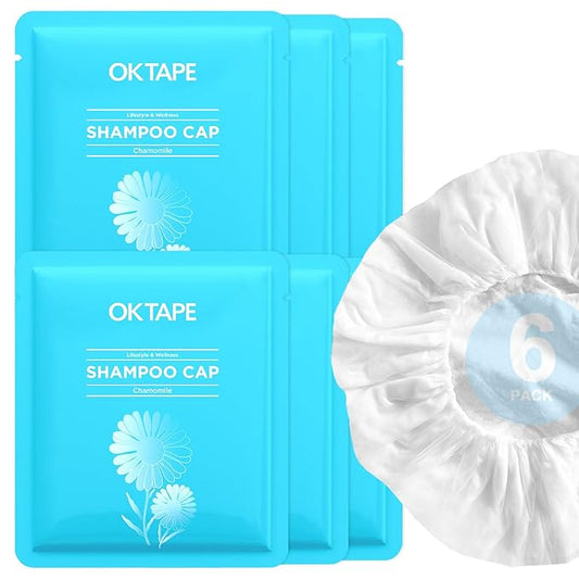 OK TAPE No Rinse Shampoo Cap (6 Packs), Microwaveable Rinse Free Caps for Bedridden Patients or Elderly, Waterless Shampoo and Condition Hair, Chamomile Fragrance
