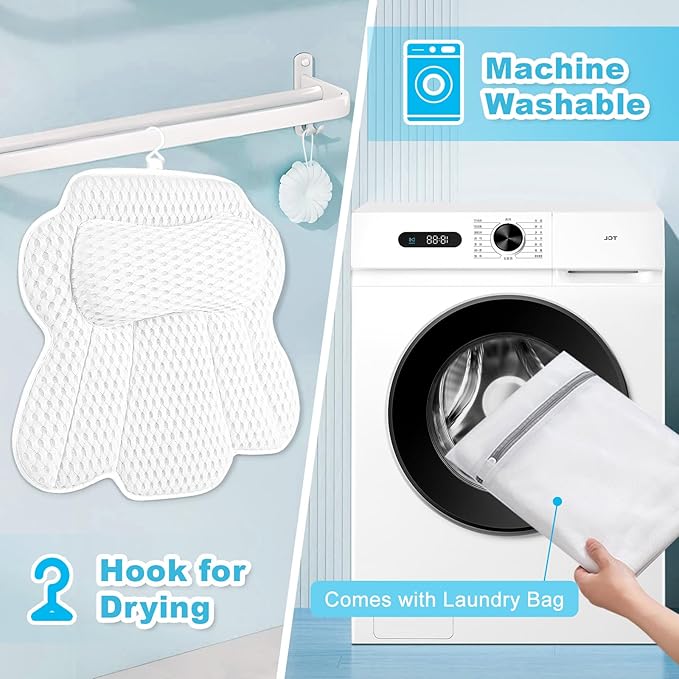 Bath Pillows for Tub, Bath Tub Pillow for Support Neck/Back/Shoulder, 6 Non-Slip Suction Cups & Hook & Soft 4D Air Mesh Fabric - Fits All Bathtubs Shapes