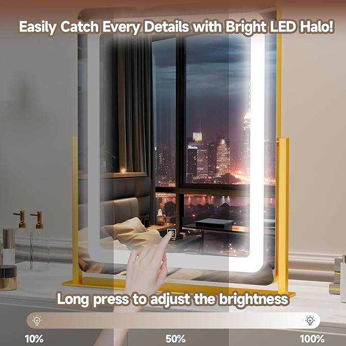 PRIMETEK Vanity Mirror with Lights, 19"x22" Large Makeup Mirror with Lights, LED Lighted Makeup Mirror, Touch Screen with 3-Color Lighting, Dimmable for Vanity Desk Tabletop, Bedroom, Gold