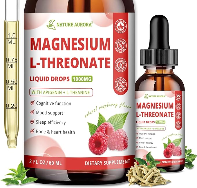 Magnesium L-Threonate Liquid Drops with Apigenin & L-Theanine, High Absorption Magnesium Threonate Supplement for Sleep, Brain Health and Cognitive Function, Raspberry Flavor, 60ML