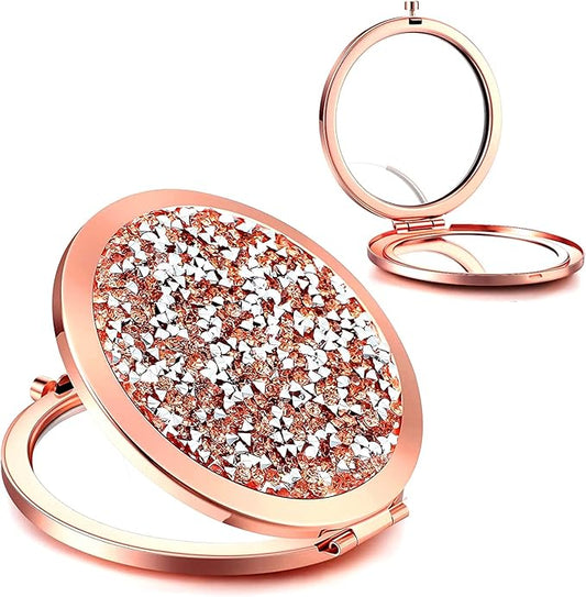 Magnifying Rose Gold Compact Mirror - Mix Diamond Mirrors 1x/2x Magnification Travel Makeup Mirrors,Double Sided Small Pocket Mirror,Folding Purse Mirror,Cosmetic Mirror for Gift