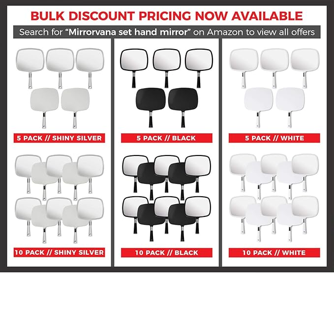 MIRRORVANA Pack of 5 Large Handheld Mirror Set for Barbers & Salon Hairdressers - Perfect for Home, Travel, & Makeup Use with Long Comfy Handle and Distortion Free HD Reflection - 13" x 9" (White)