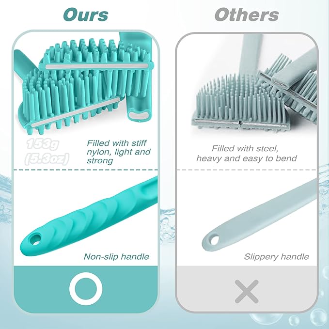 Manmihealth Silicone Back Scrubber for Shower(Thick Bristles), Body Scrubber with 15'' Long Handle, Light & Easy-to-Hold Shower Brush for Skin Exfoliating and Massaging, Not Good in Lathering. (Blue)