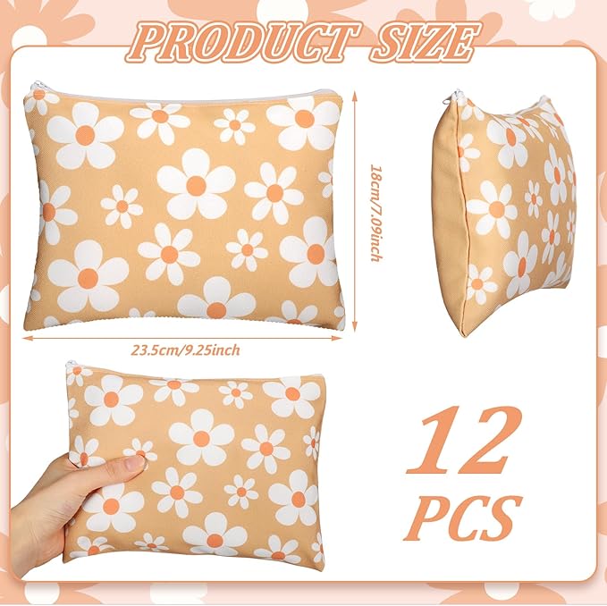 Kajaia 12 Pcs Daisy Floral Makeup Bags Bulk Fall Autumn Cosmetic Toiletry Bags Cute Portable Travel Purse Organizer Storage Zipper Pouch for Thanksgiving Christmas Women Adult Aesthetic Stuff