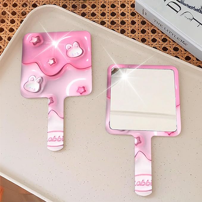 2pcs Cute Pink Rabbit Handheld Makeup Mirror Kawaii Bunny Square Glass Portable Cosmetic Mirror for Skincare Travel (2pCS)