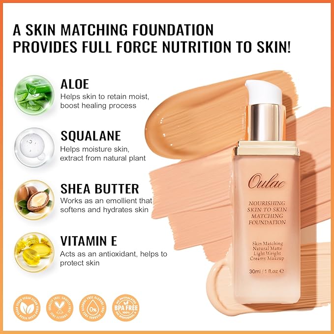 Oulac Foundation Make Up, Skincare Infused With Aloe Leaf And Vitamin E, Medium to High Coverage Liquid Foundation, Foundation Vegan 30ml, ShadeοΌMedium 9.5