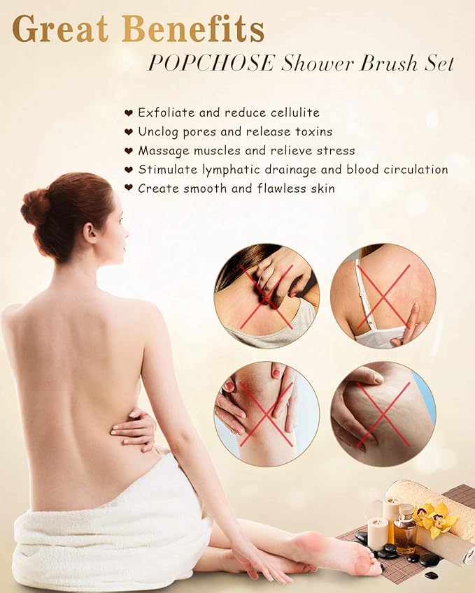 Dry Brushing Body Brush, POPCHOSE Body Scrubber for Men Women, Back Scrubber for Shower, Natural Bristle Exfoliator Scrubber for Body Cellulite and Lymphatic, Long Handle, Detachable, Dual Brush Heads