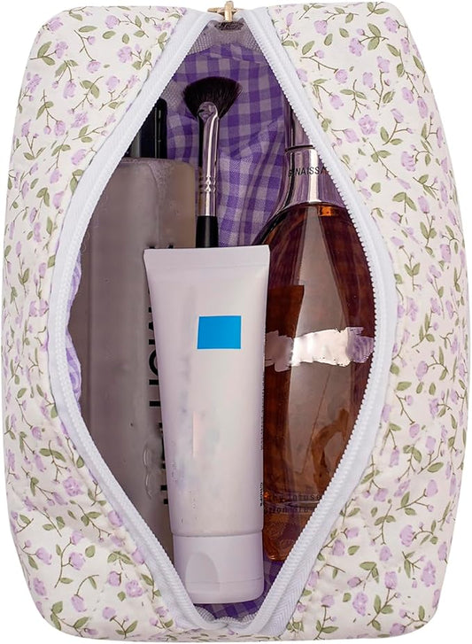 Makeup Bag Travel Cosmetic Bag for Women Girls, Zipper Make Up Pouch, Floral Flowers Toiletry Organizer Makeup, Portable Storage Cosmetic Travel Cloth Bag (Purple Floral)